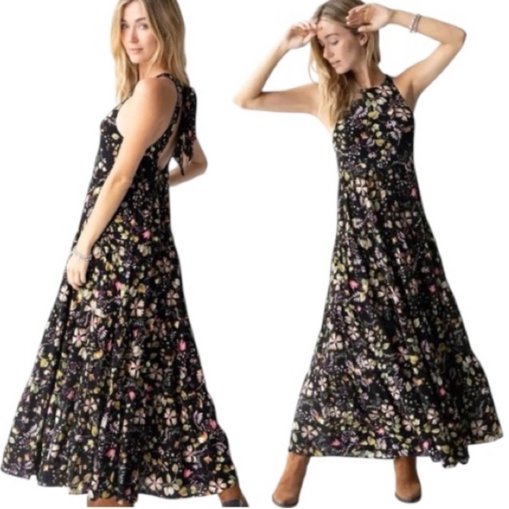 Natural Life Halle Halter Maxi Dress Black Floral Tiered Boho Medium Cottage